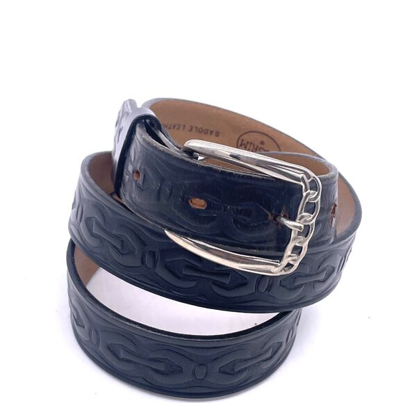 Vintage Pilgrim Saddle Leather Belt Size 34 Embossed Design Silver Buckle 1 Inch - Picture 4 of 5